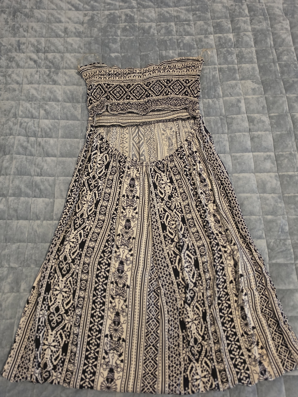 Strapless Black and Cream Maxi Dress with Geometric Print - Picture 3 of 4